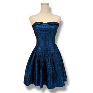 Y2K Vintage Betsey Johnson Blue Jacquard Strapless Cocktail Mini Dress, Size 2